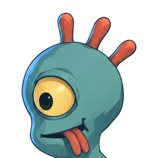 The alien, a teal creature with one huge yellow eye, three orange stalks on its head and its forked tongue out.