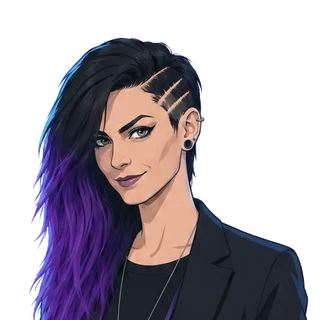 Eve, a woman with a half-shaved head, long purple hair and a black jacket, with a knowing half-smile.