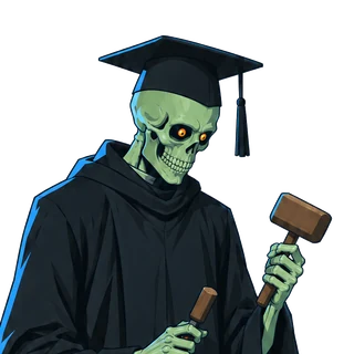 The ghoul, a green skull in a mortarboard and black gown with glowing orange eyes, holding a gavel.