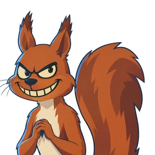 The squirrel, an orange squirrel with a devilish grin and its paws folded.